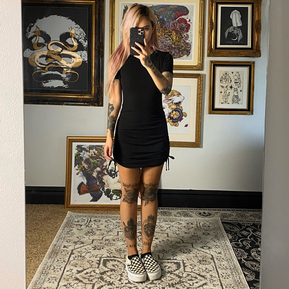 H&M Divided black rib knit ruched tie t-shirt dress extra extra small …